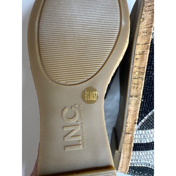 INC Black Leather Cork Wedge Sandals W/Rhinestone Embellished Heel 6.5 - Picture 9 of 10